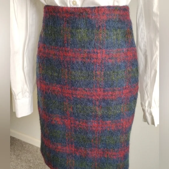 Talbots Wool Alpaca Blend Classic Pencil Skirt Tartan Navy Blue Colorful Sz 10 - Picture 5 of 14